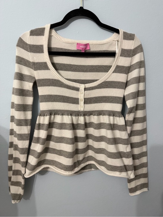 Edikted Tops - Edikted Cream and Gray Striped Long Sleeve Peplum Top